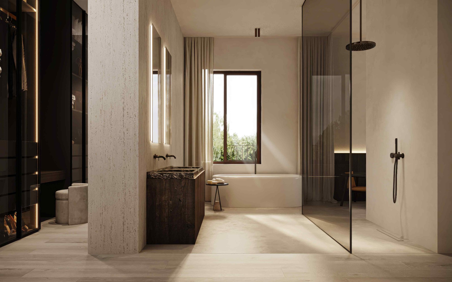 Slaapkamer en badkamer in penthouse — luxueus interieur The Wettlands