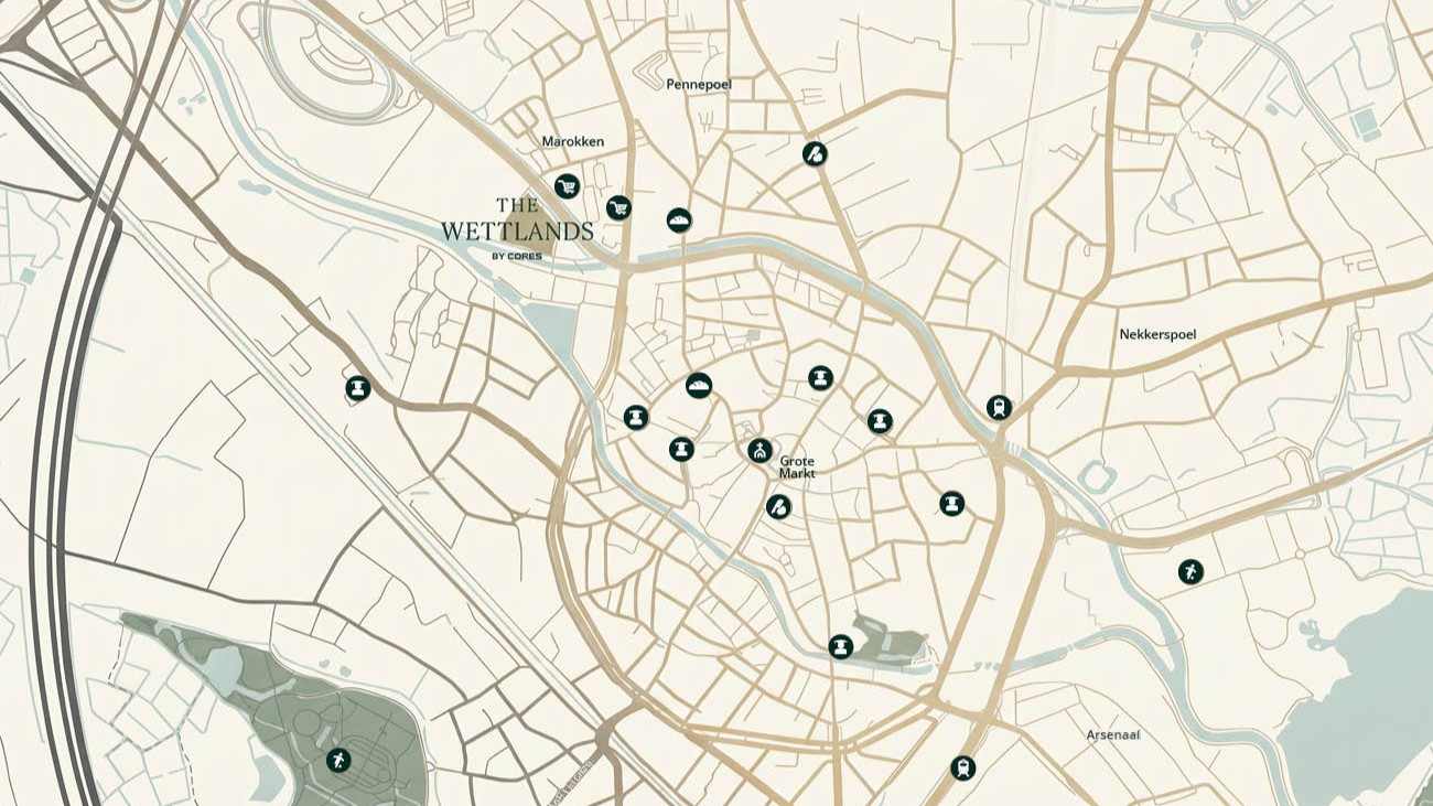 Kaart van Mechelen met de ligging van The Wettlands ten opzichte van winkels, horeca, station en bezienswaardigheden