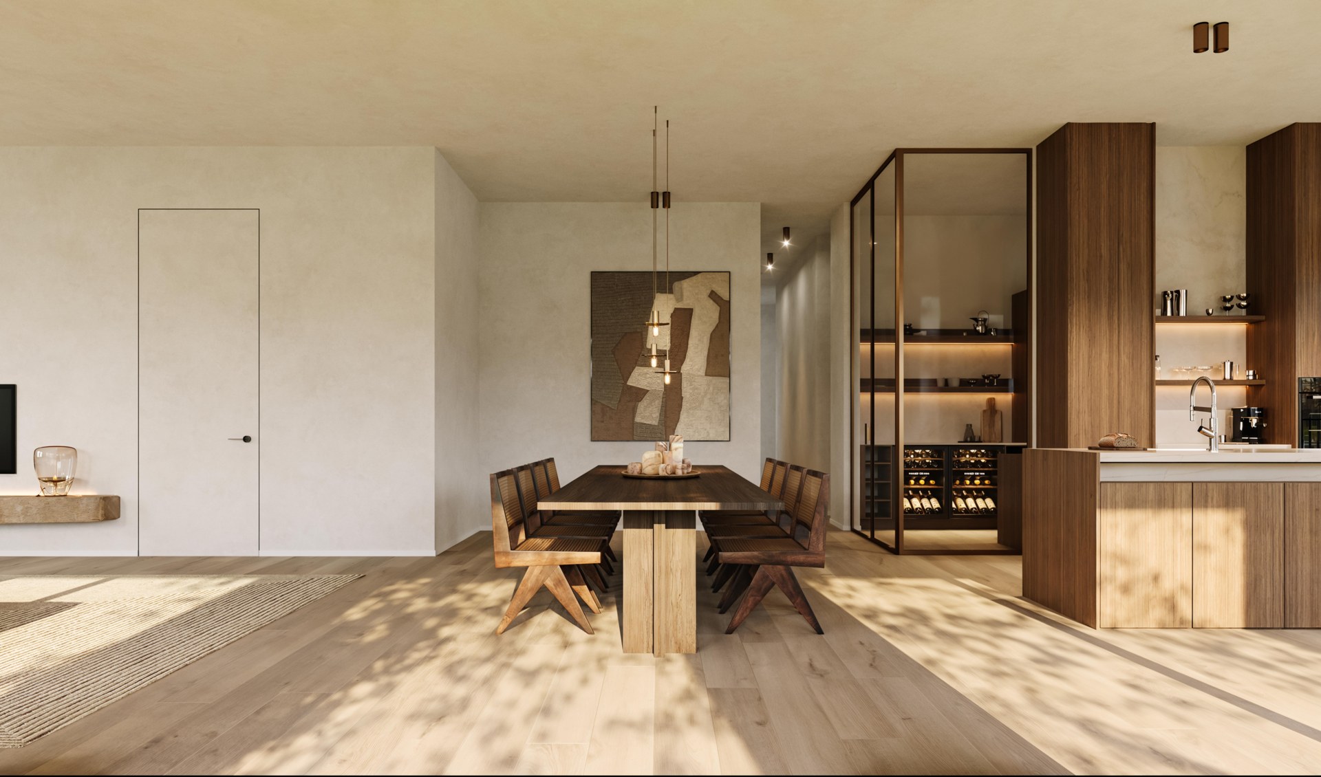 Eetkamer met houten keuken en warme, natuurlijke afwerking